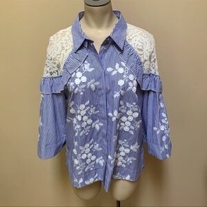 Hilary Radley Blue Striped Button Down with embroidered floral, lace , ruffles